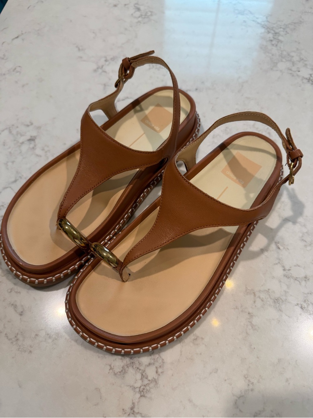 Dolce Vita Brown Leather T-Strap Sandals with Gold Accent